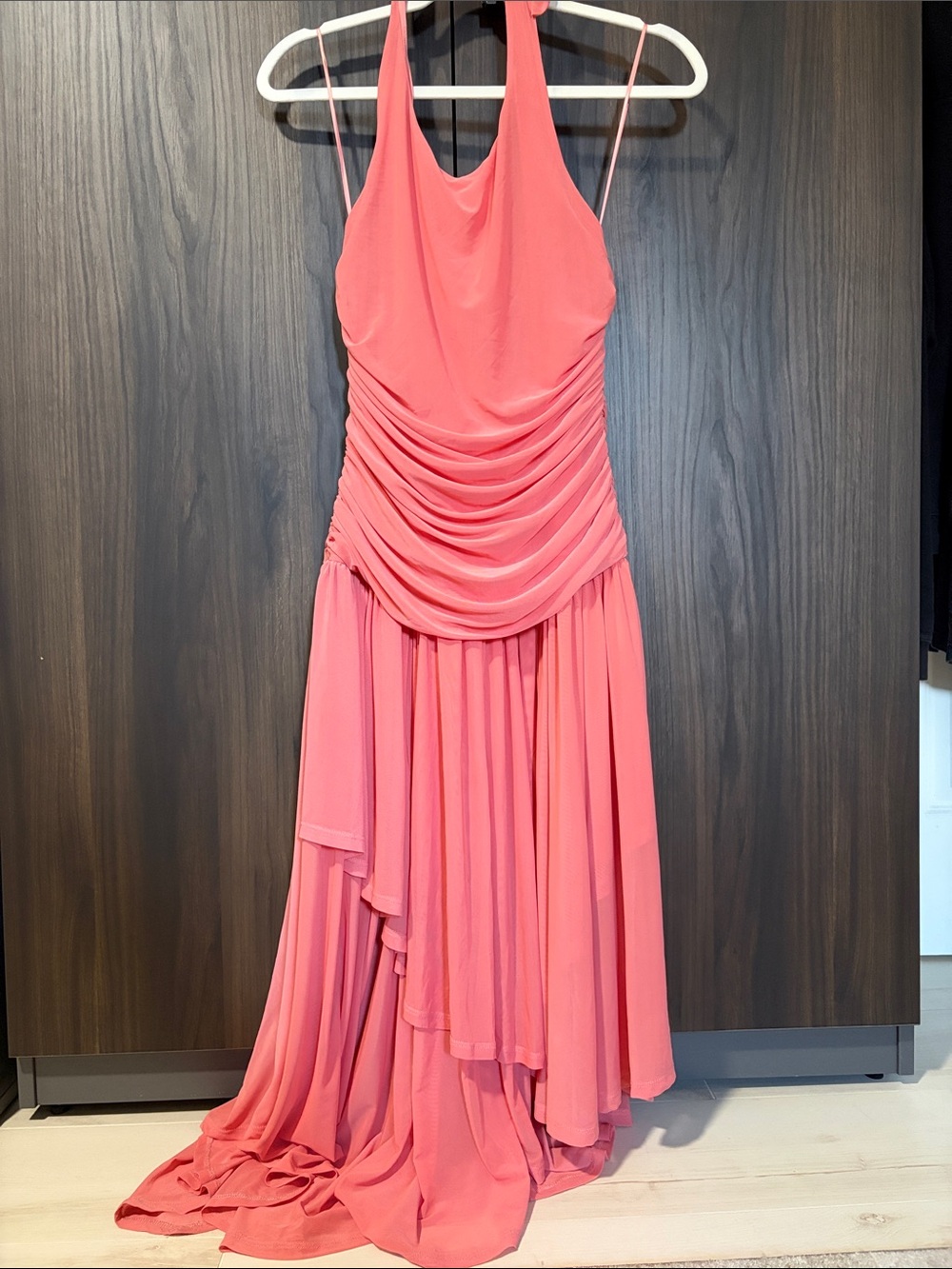 Bar III Coral Pink Ruched Halter Maxi Dress